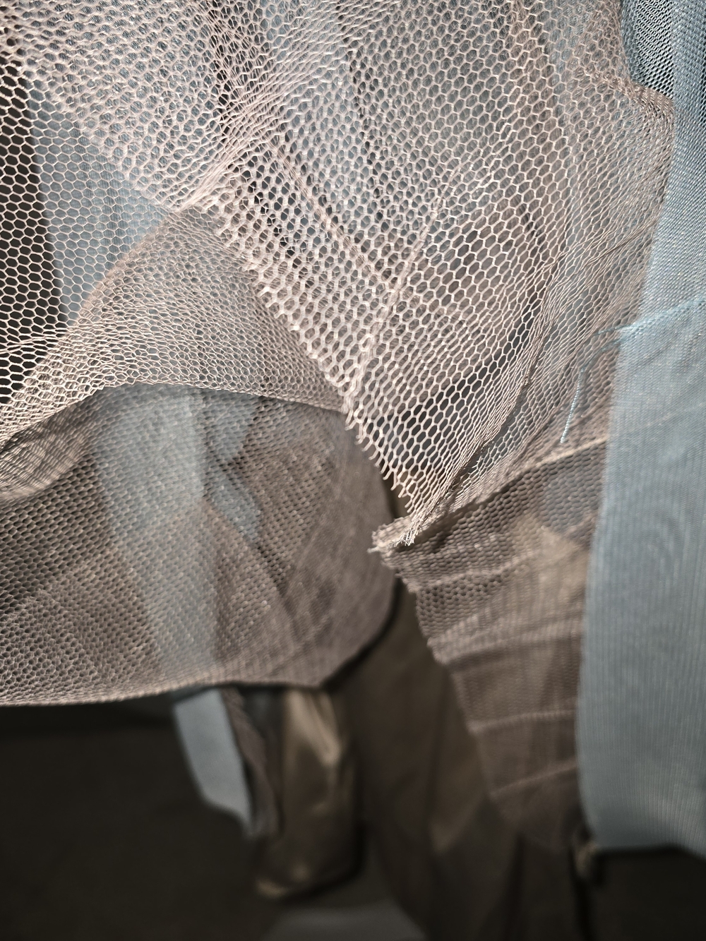 Powder Blue Sheer Tulle Cocktail Dress with Velvet Waistband Tan Underslip Large - Picture 13 of 16